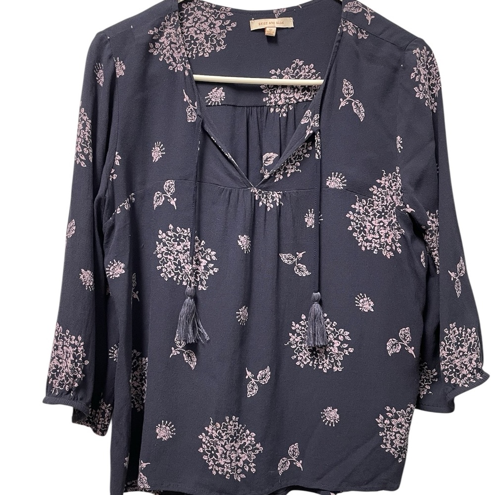 Skies are Blue Navy Blouse with Floral Design, S